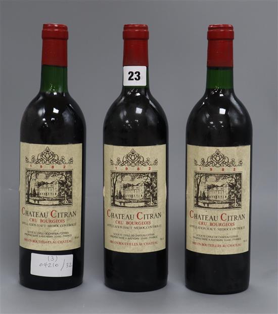 Three bottles of Chateau Citran Haut Medoc 1982